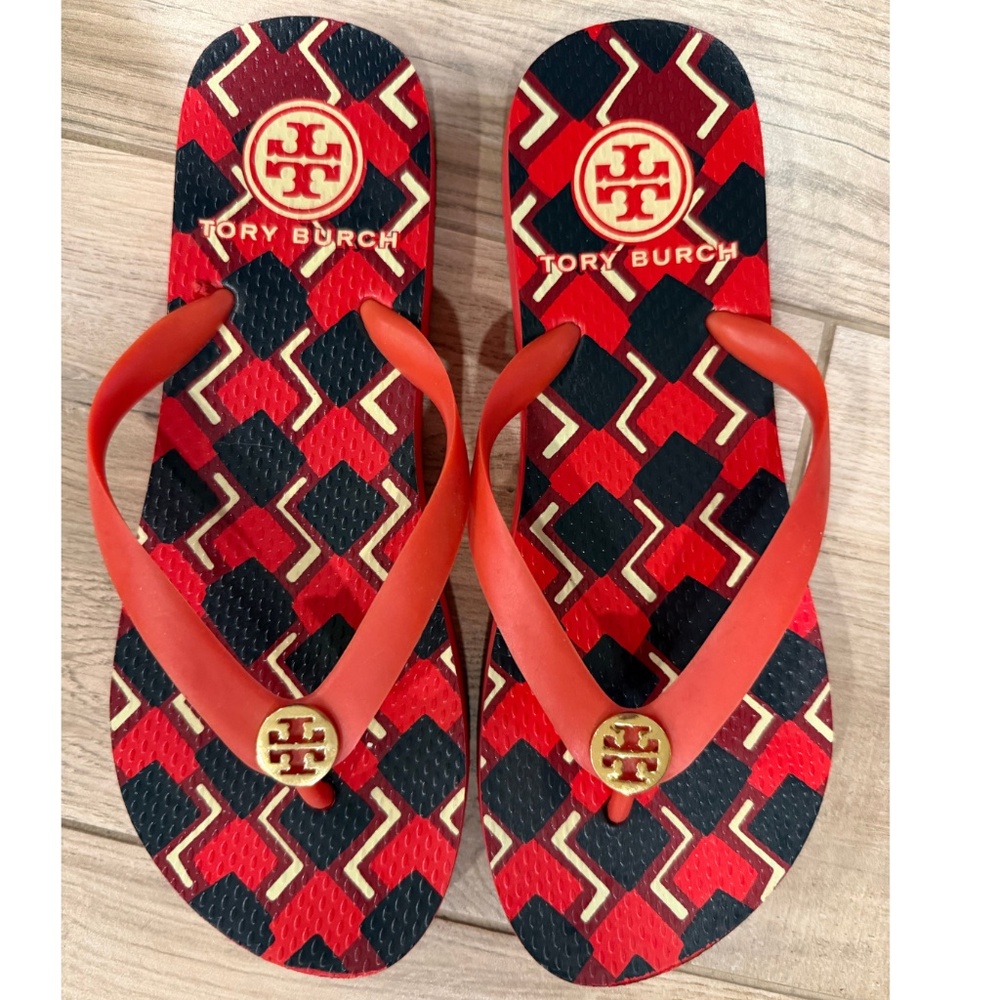 Tory Burch Red, White & Black Patterned Flip Flops, woman size 8 - look new